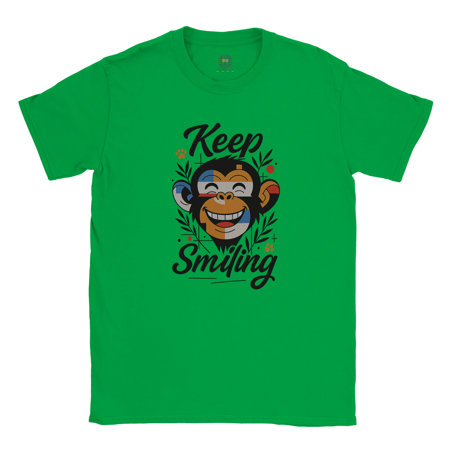 Bright green unisex T-shirt — front print: smiling monkey with Keep Smiling; flat lay.