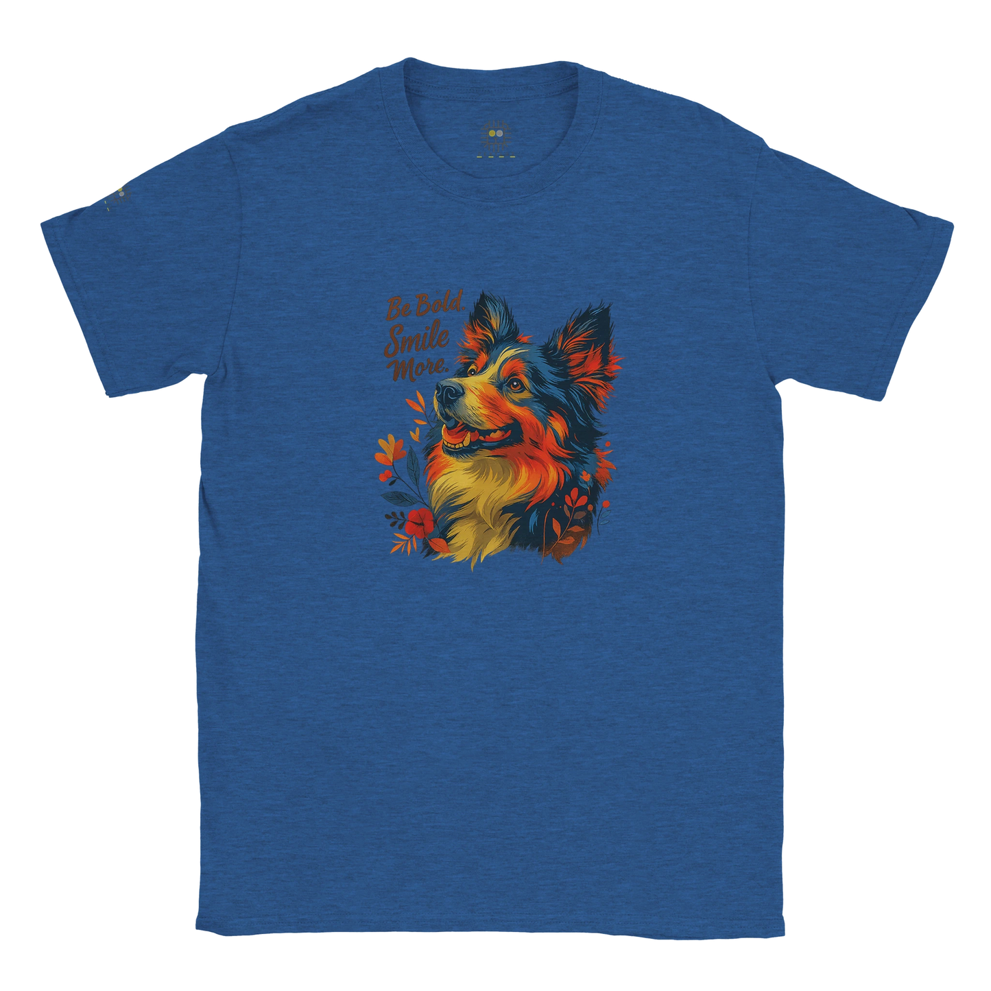 Blue T-shirt – Royal blue unisex artistic T-shirt with vibrant multicolor dog illustration and motivational quote “Be Bold, Smile More.” Perfect colorful graphic tee for everyday style.