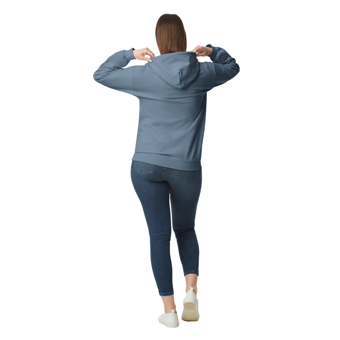 Female model back view — wearing light blue hoodie, plain back (no print).