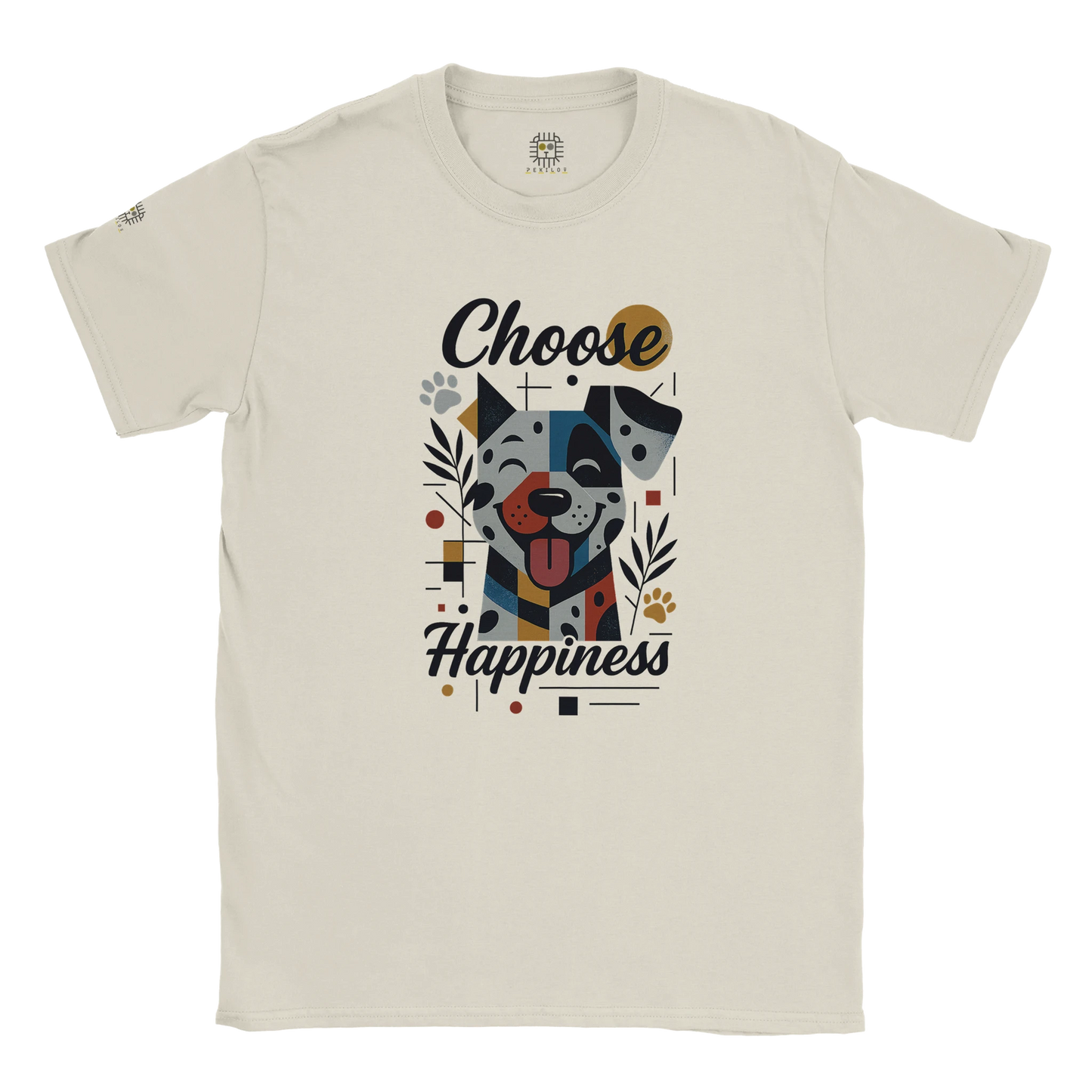 White unisex T-shirt with colorful dog illustration and the slogan “Choose Happiness,” displayed flat.