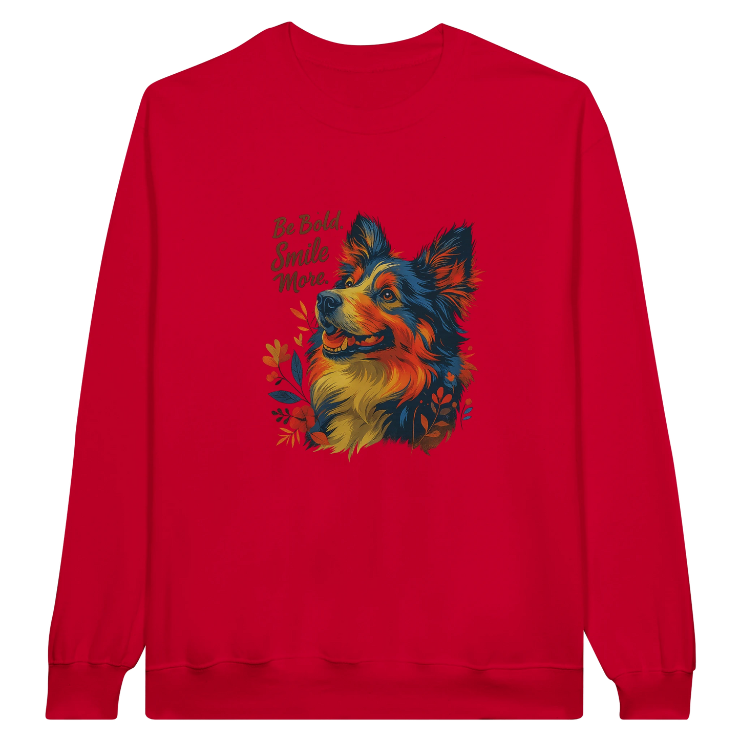 Front view — red sweatshirt with colorful dog illustration and text “Be Bold, Stay Wild.”