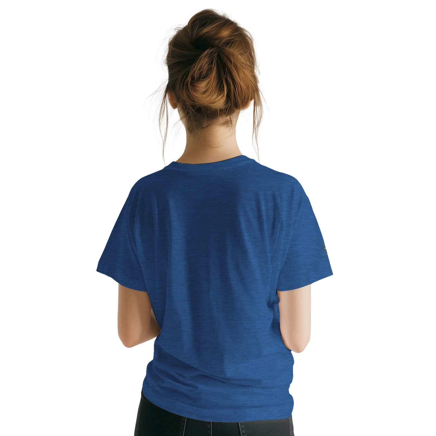 Female model wearing a blue T-shirt with a colorful dog illustration and the slogan “Happiness is a Choice,” back view.