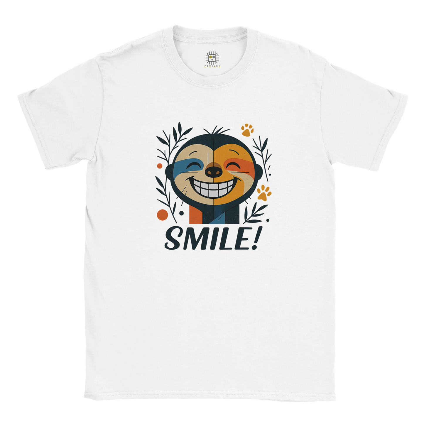 White unisex T-shirt — front print: smiling face with leaves and SMILE!; flat lay