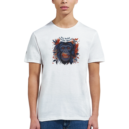 Male model wearing a white T-shirt with a chimpanzee illustration and slogan “Be Wild Stay Free,” front view.