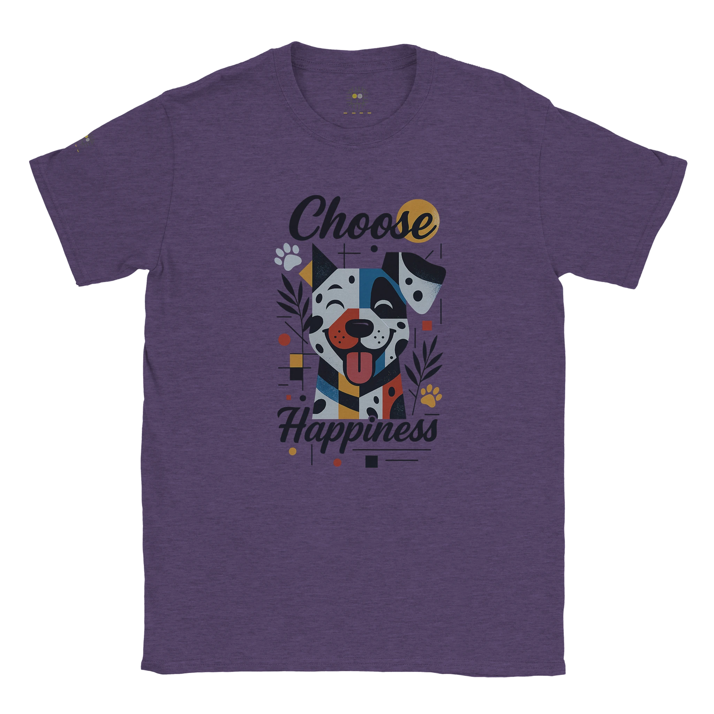 Purple unisex T-shirt with colorful dog illustration and the slogan “Choose Happiness,” displayed flat.