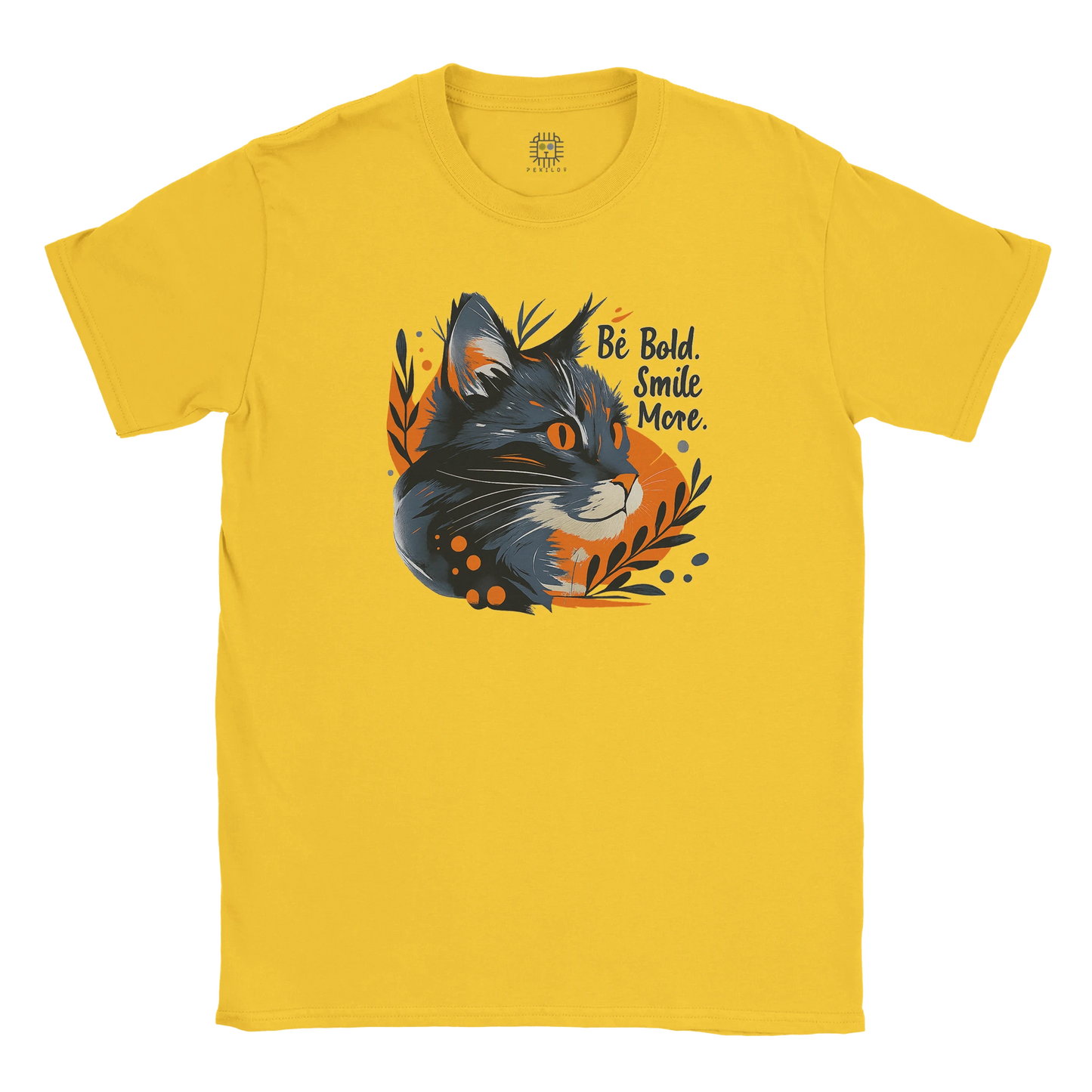 Yellow unisex T-shirt — front print: stylized wolf head with orange leaves; flat lay.