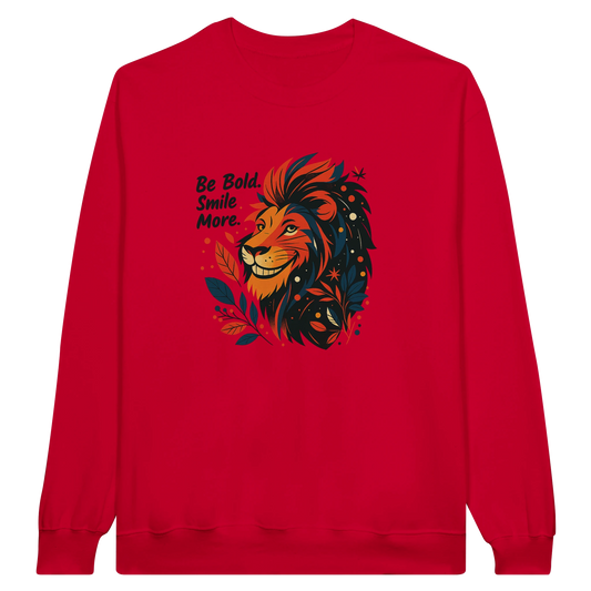 Red sweatshirt with a playful monkey illustration in vibrant colors, combined with the uplifting message “Be Bold, Smile More.” A fun and bold design that adds energy to casual outfits.