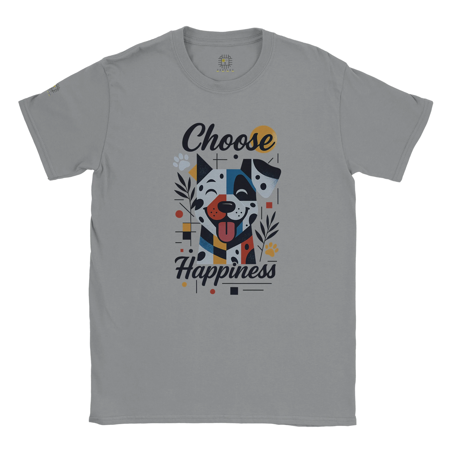 Gray unisex T-shirt with colorful dog illustration and the slogan “Choose Happiness,” displayed flat.