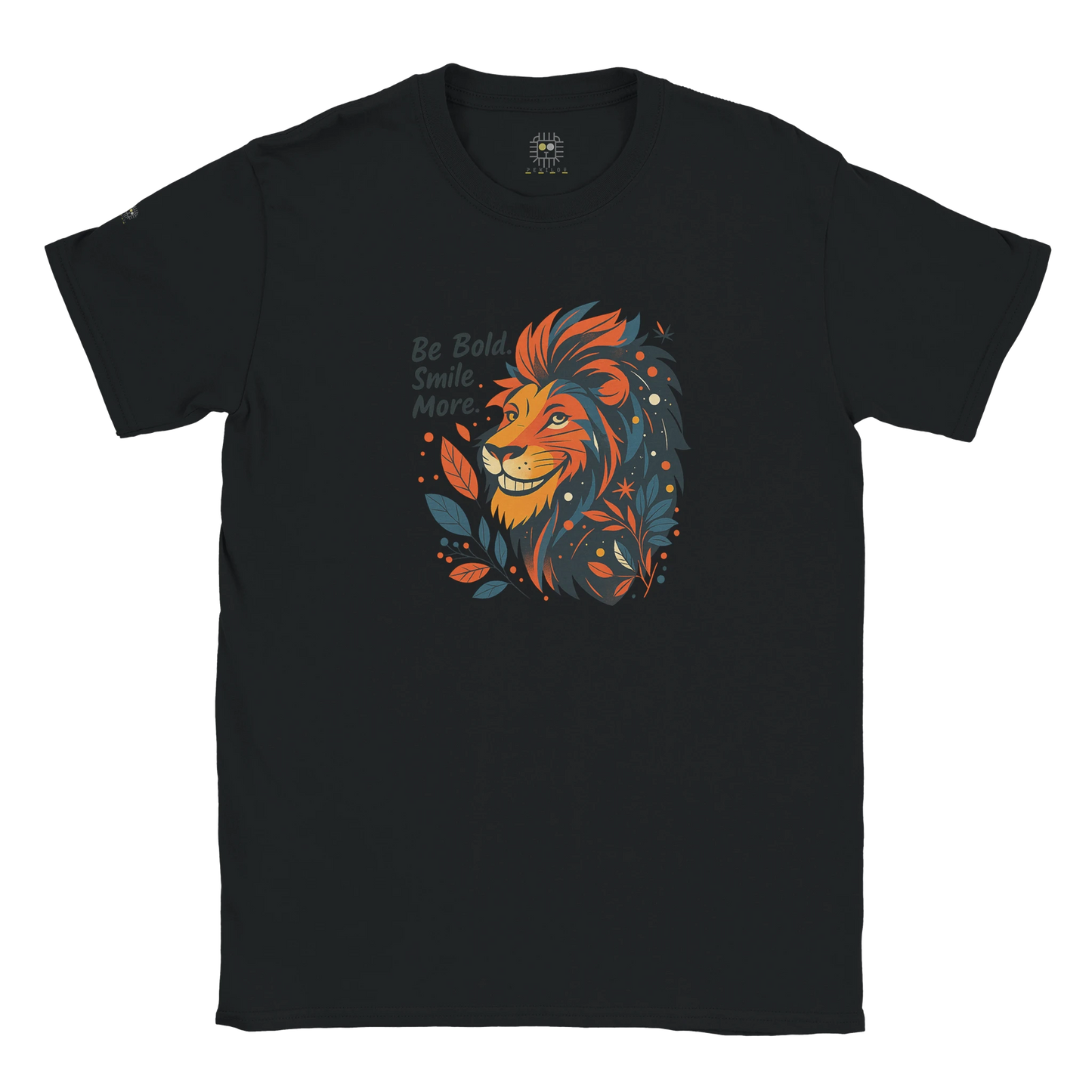 Black unisex T-shirt with a lion illustration and slogan “Be Bold Stay Strong,” displayed flat.