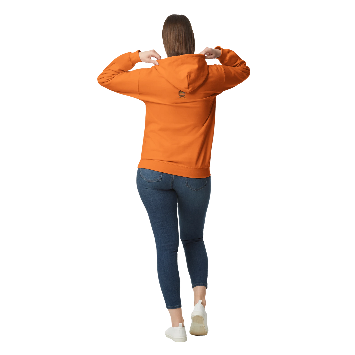 Female model wearing orange hoodie with cat design, back view.