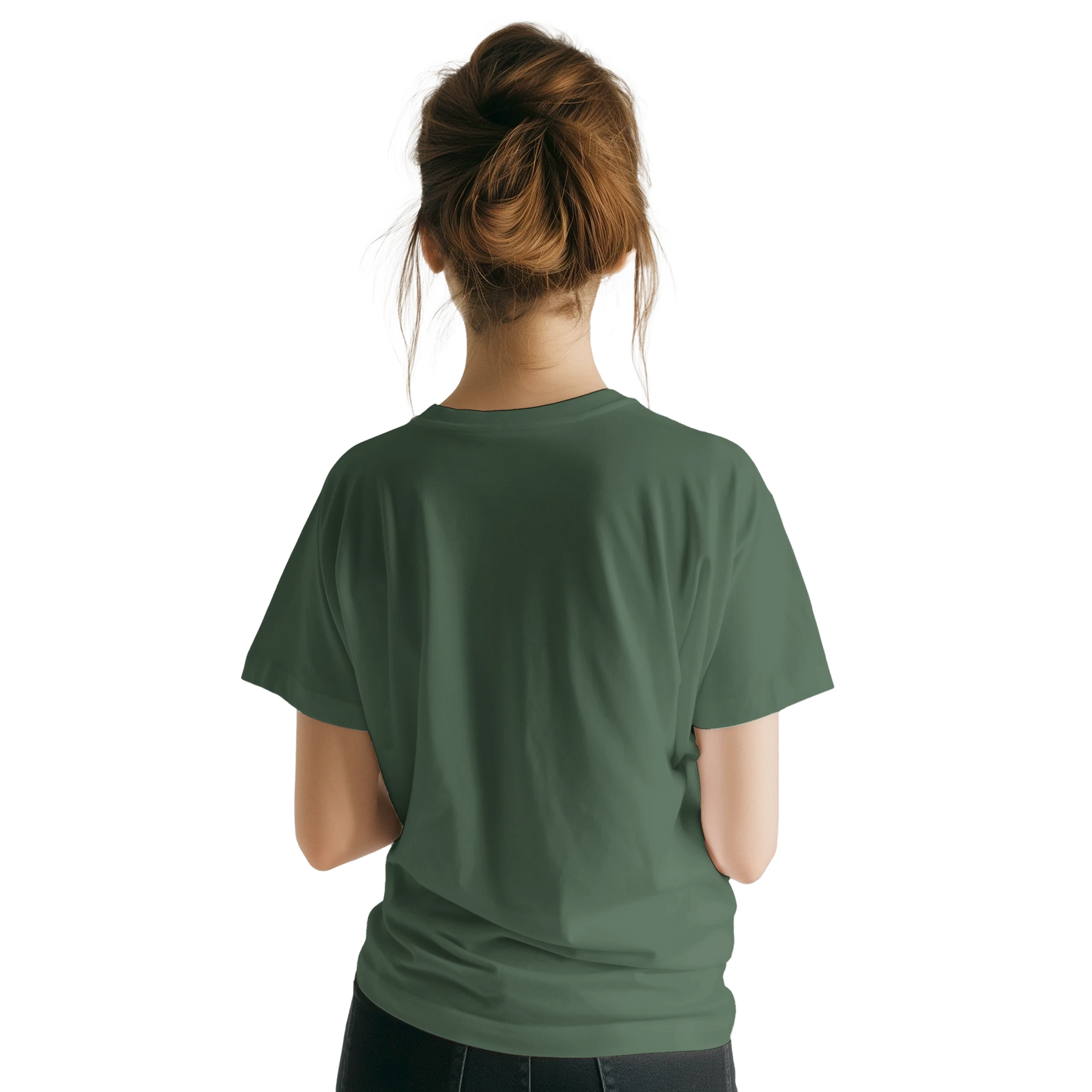 Female model wearing green T-shirt — back view; plain, no print.