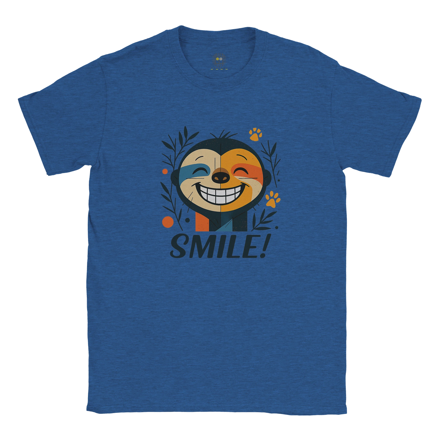 Blue unisex T-shirt — front print: smiling face with leaves and SMILE!; flat lay.