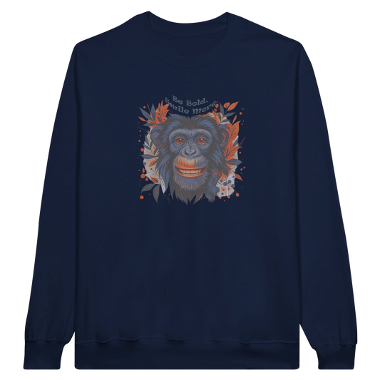 Front view — navy blue sweatshirt with colorful chimpanzee graphic design and text.