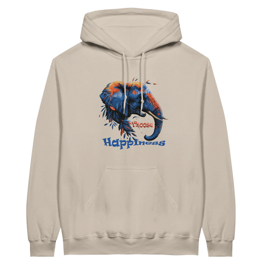 Front view — beige hoodie with “Choose Happiness” elephant graphic design.