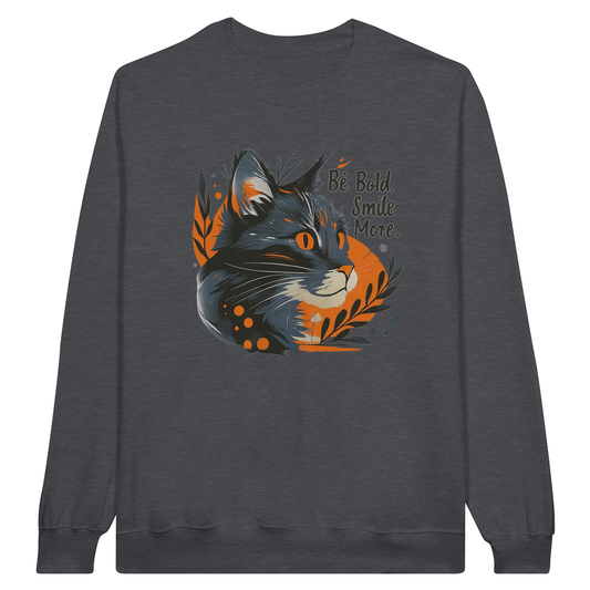 Front view — dark gray sweatshirt with cat illustration and text “Be Bold, Smile More.