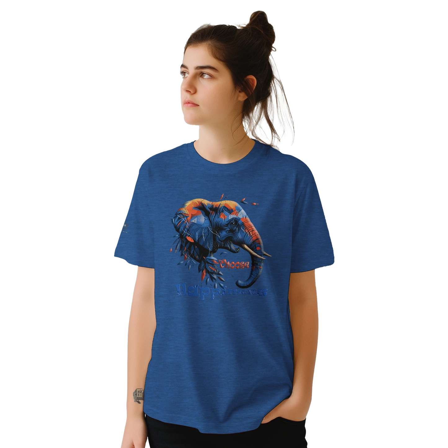 Female model wearing a blue T-shirt with a colorful dog illustration and the slogan “Happiness is a Choice,” front view.