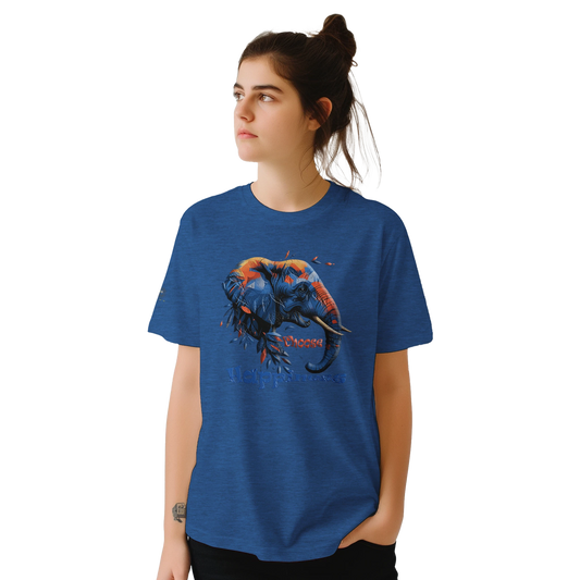 Female model wearing a blue T-shirt with a colorful dog illustration and the slogan “Happiness is a Choice,” front view.