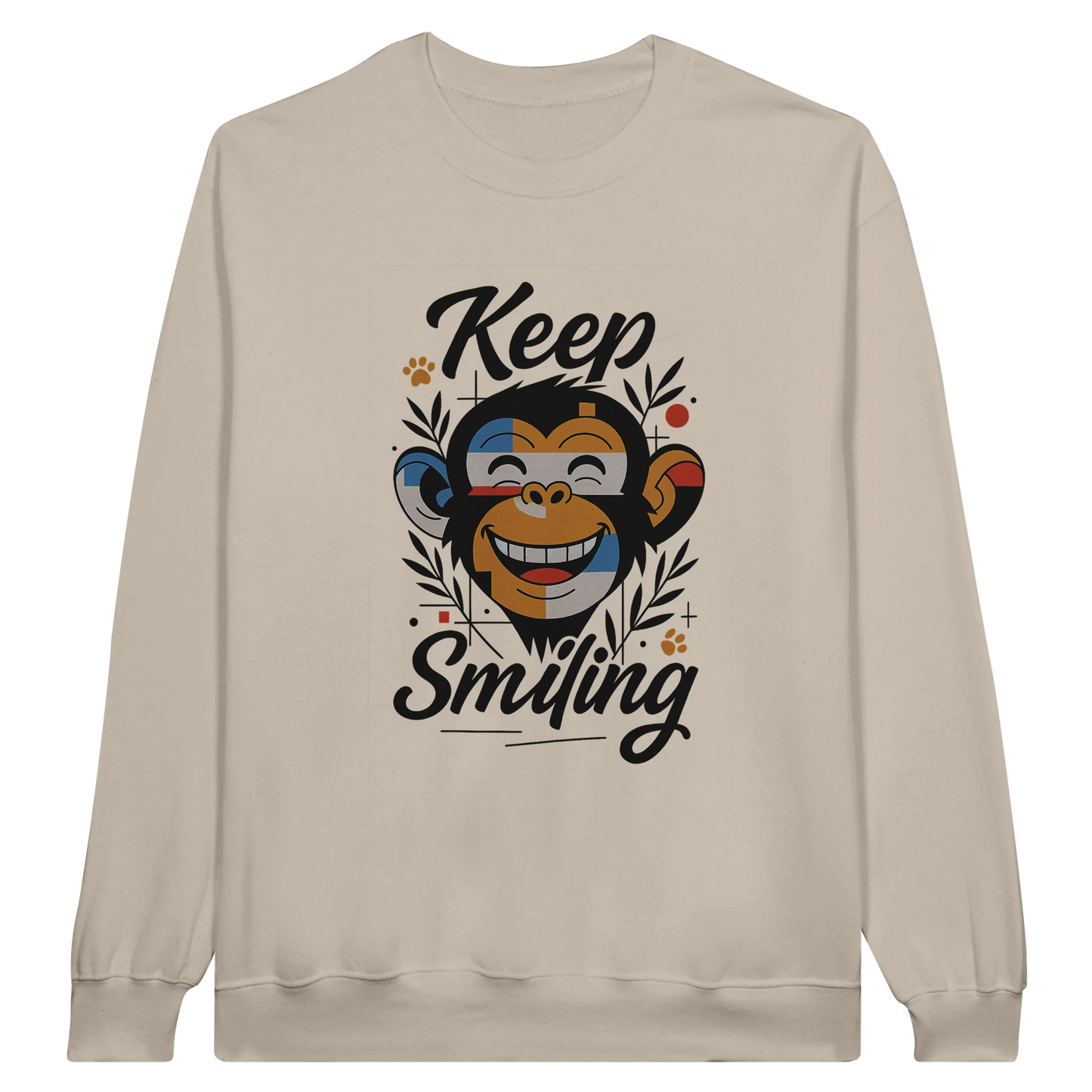Front view — beige sweatshirt with “Keep Smiling” monkey graphic design.