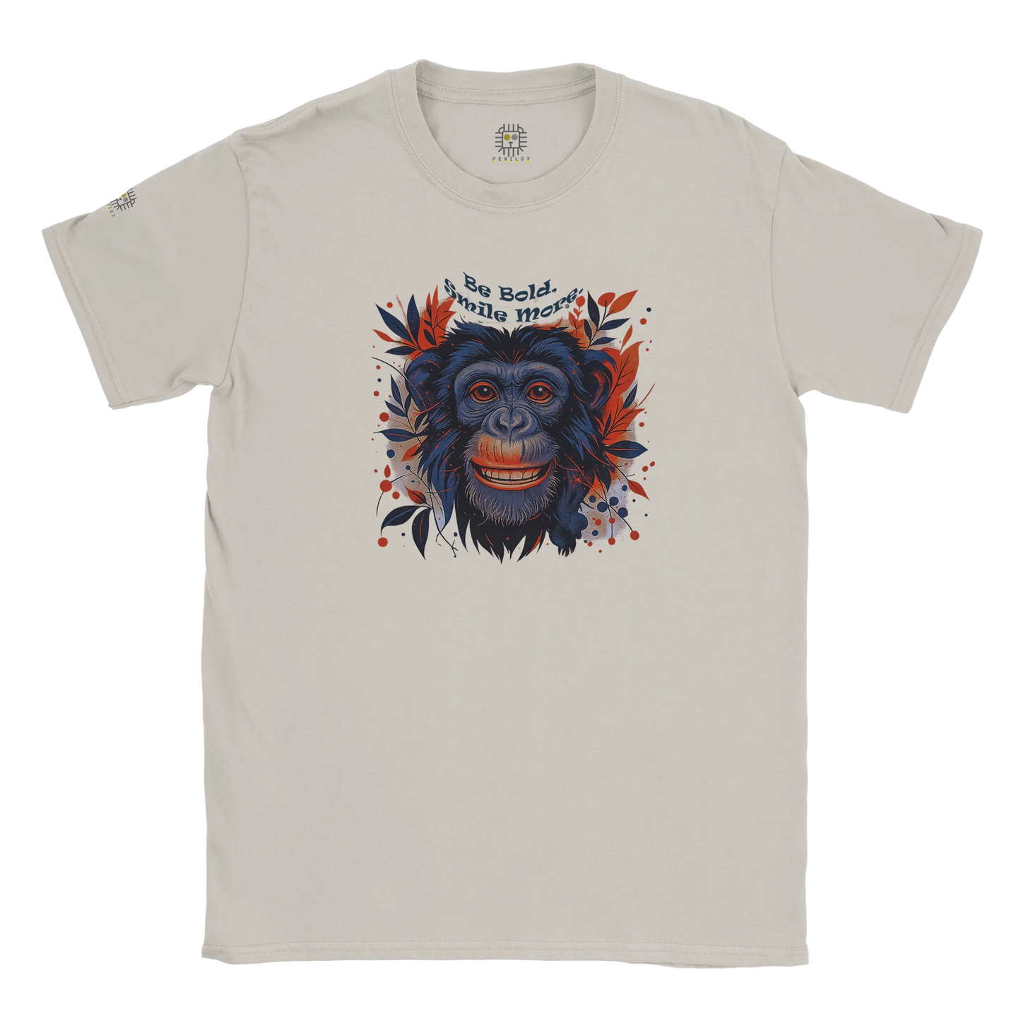 Beige unisex T-shirt with a chimpanzee illustration and slogan “Be Wild Stay Free,” displayed flat.