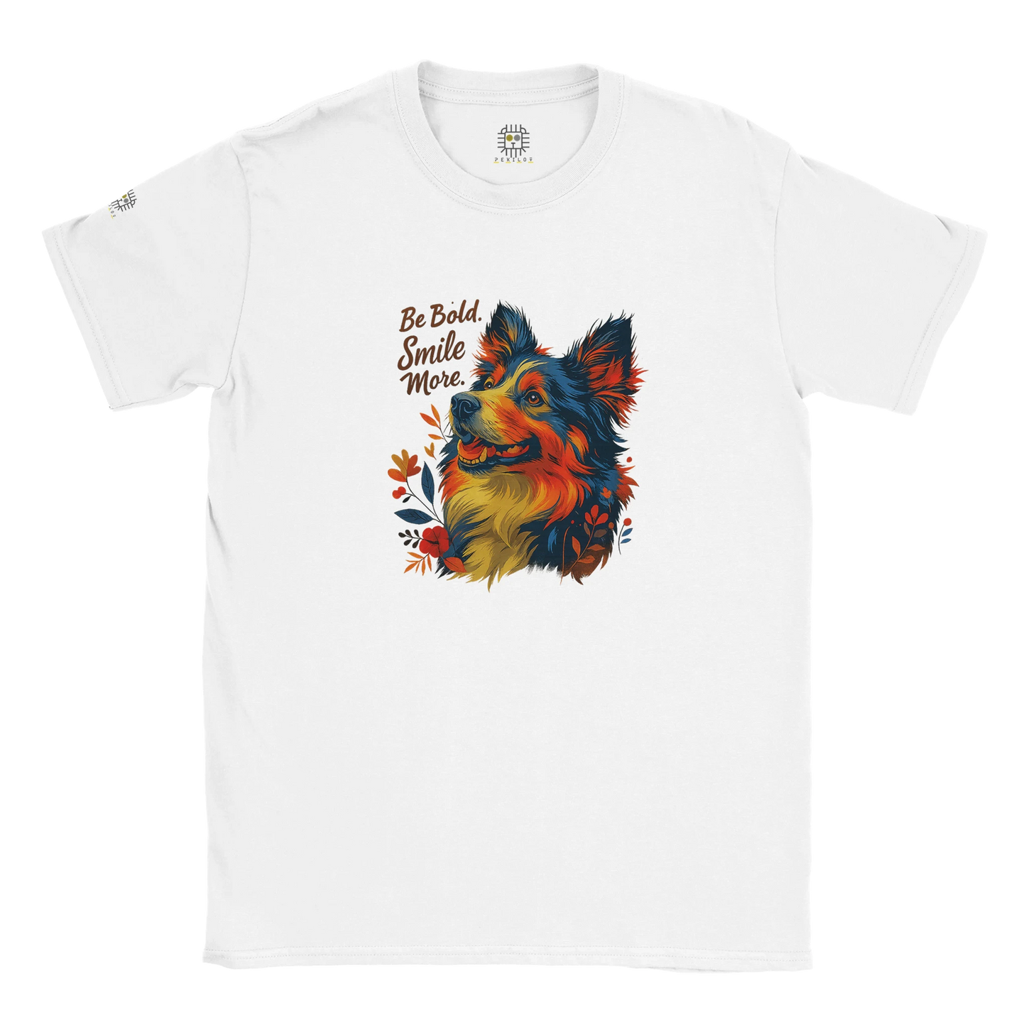 White T-shirt – White unisex T-shirt featuring a vibrant dog design surrounded by flowers, with the quote “Be Bold, Smile More.”