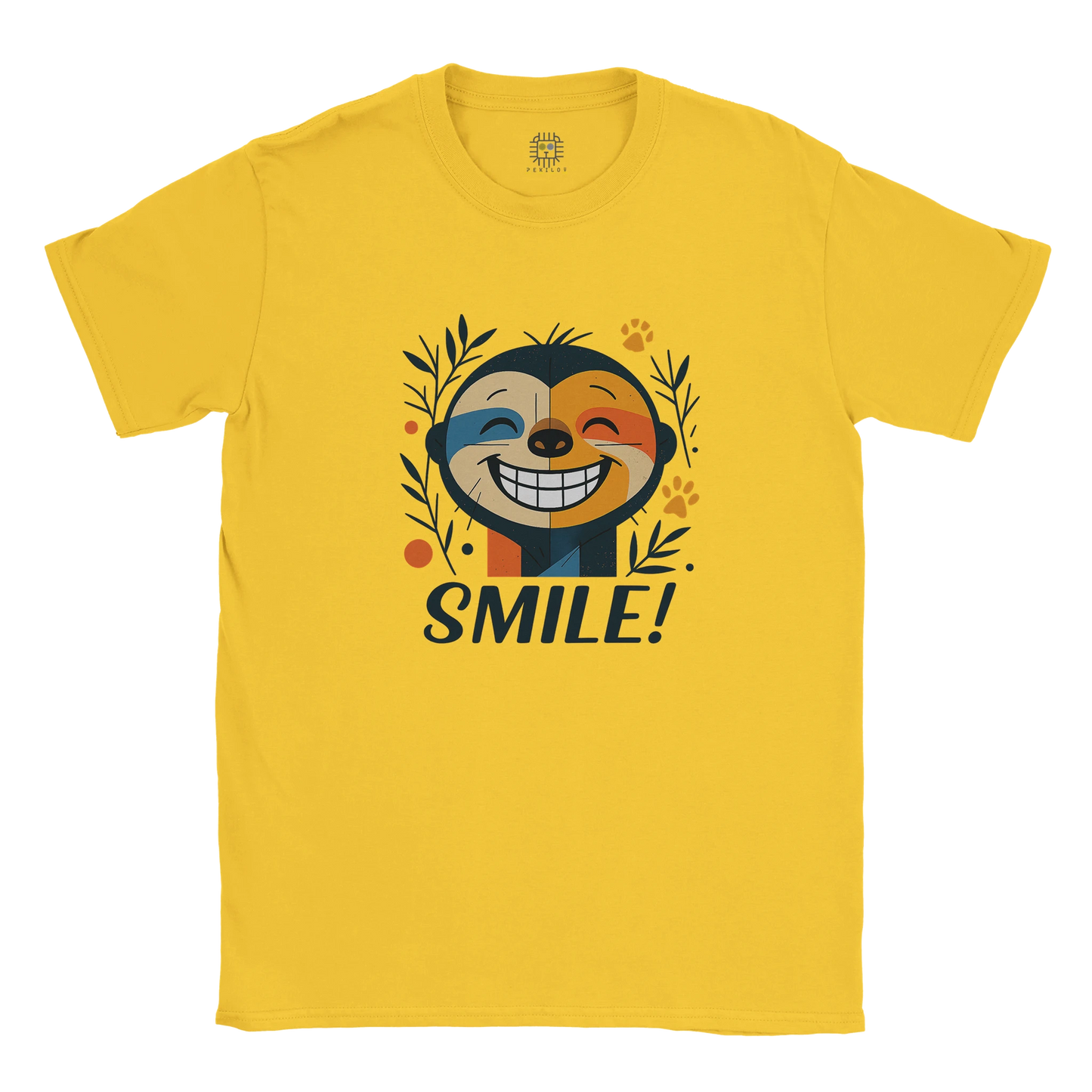 Yellow unisex T-shirt — front print: smiling face with leaves and SMILE!; flat lay.