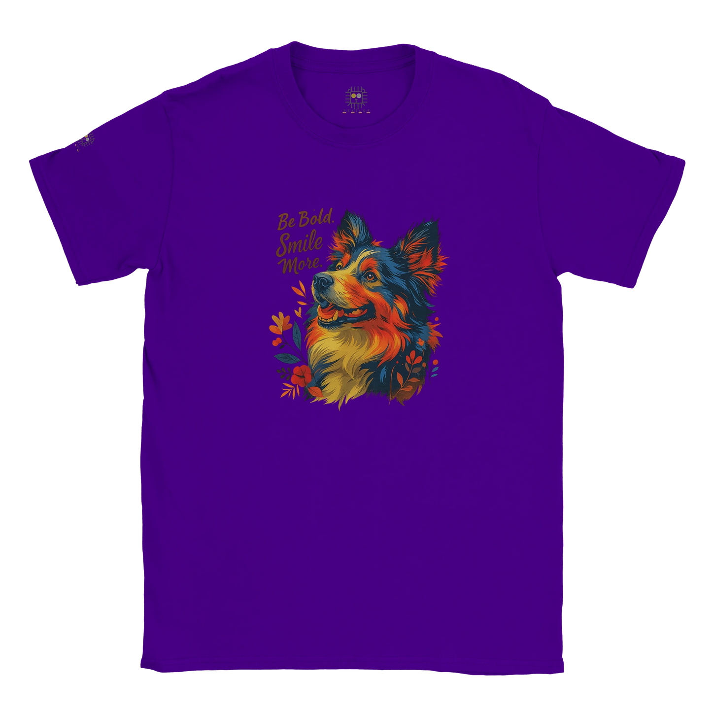 Purple T-shirt – Purple unisex graphic tee featuring a striking colorful dog portrait and motivational slogan “Be Bold, Smile More.” Artistic inspirational T-shirt for dog enthusiasts.