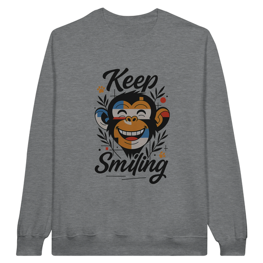 Front view — dark gray sweatshirt with “Keep Smiling” monkey graphic design.