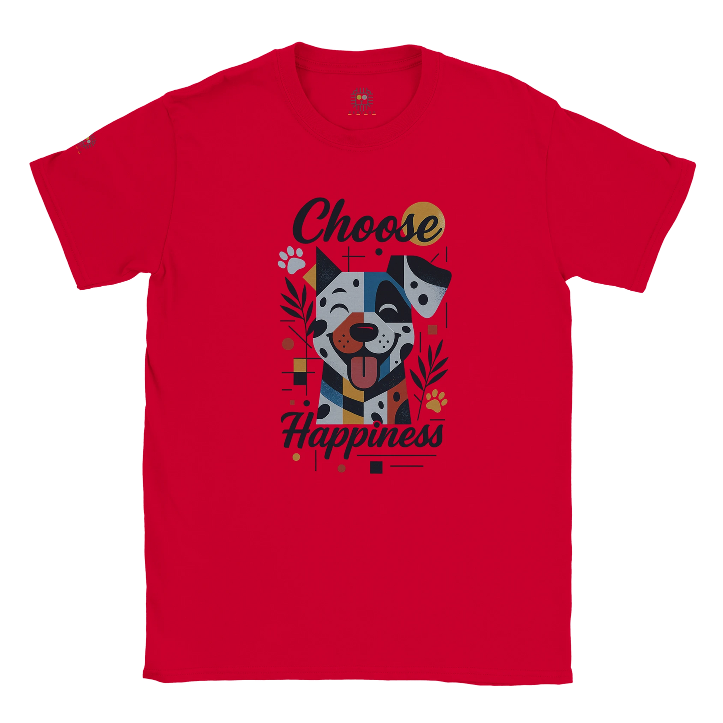 Red unisex T-shirt with colorful dog illustration and the slogan “Choose Happiness,” displayed flat.