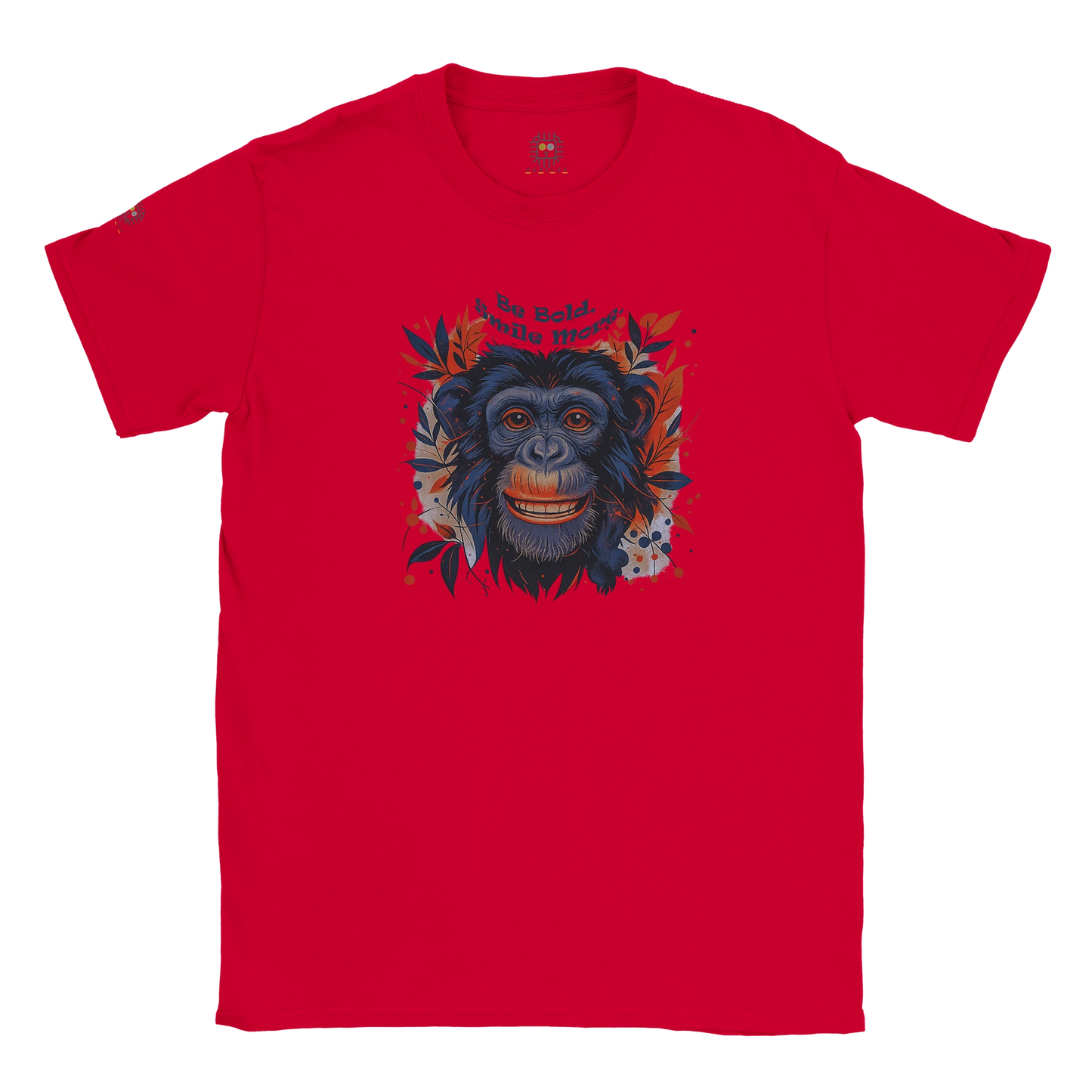 Red unisex T-shirt with a chimpanzee illustration and slogan “Be Wild Stay Free,” displayed flat.