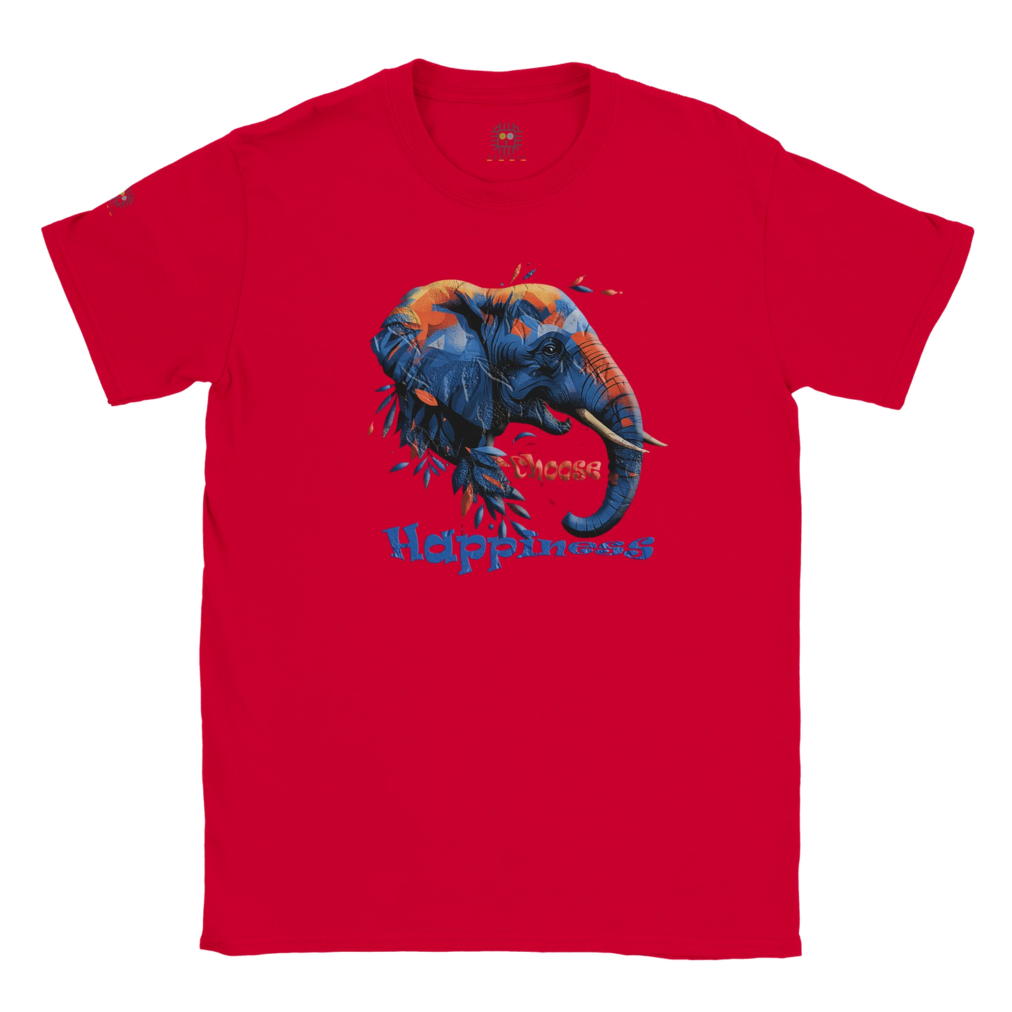 Red unisex T-shirt with a colorful dog illustration and the slogan “Happiness is a Choice,” displayed flat.