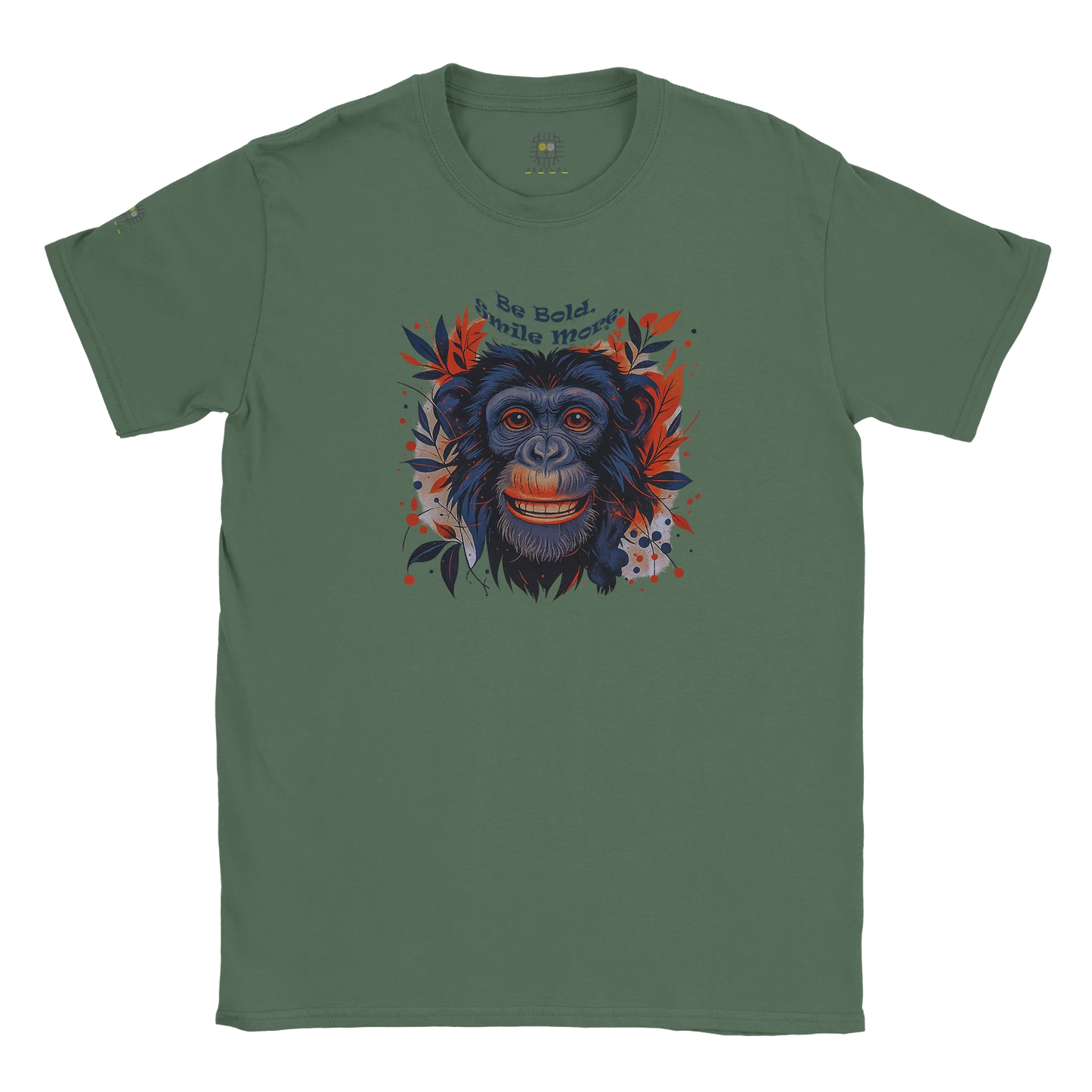 Green unisex T-shirt with a chimpanzee illustration and slogan “Be Wild Stay Free,” displayed flat.