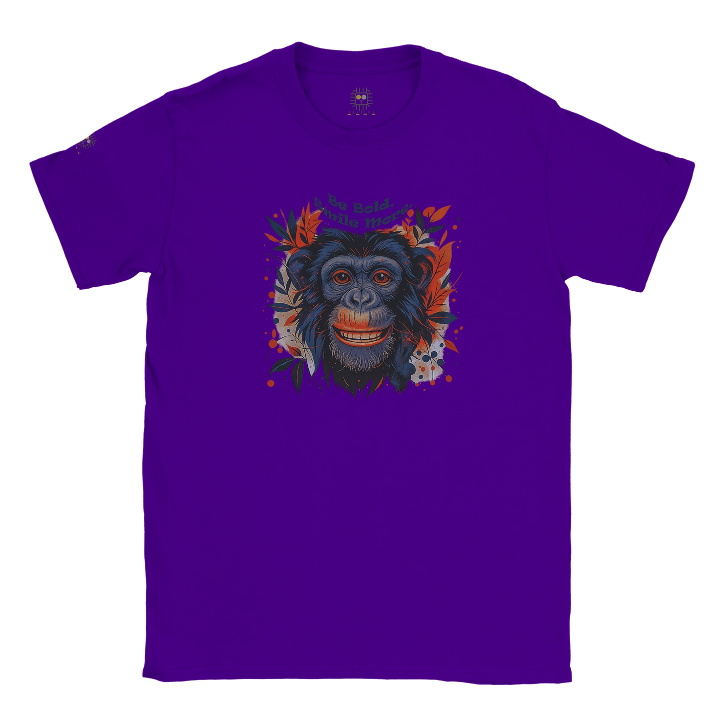 Purple unisex T-shirt with a chimpanzee illustration and slogan “Be Wild Stay Free,” displayed flat.