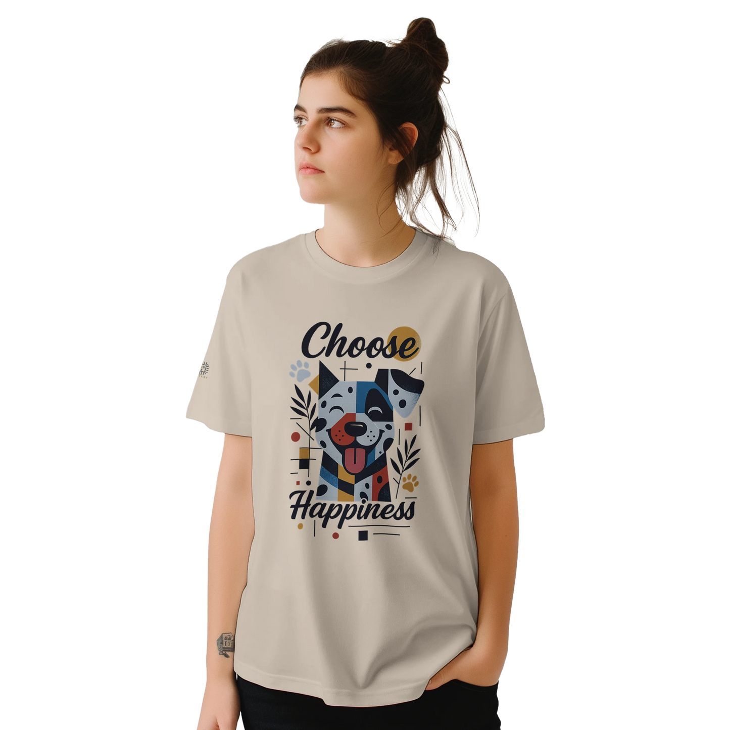 Beige T-shirt with “Choose Happiness” dog print — shown flat and worn by female model, front and back view.