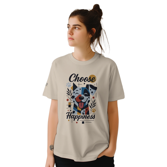 Beige T-shirt with “Choose Happiness” dog print — shown flat and worn by female model, front and back view.