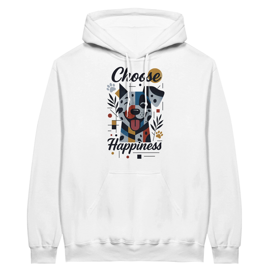 Front view — white hoodie with dog illustration and text “Choose Happiness.”