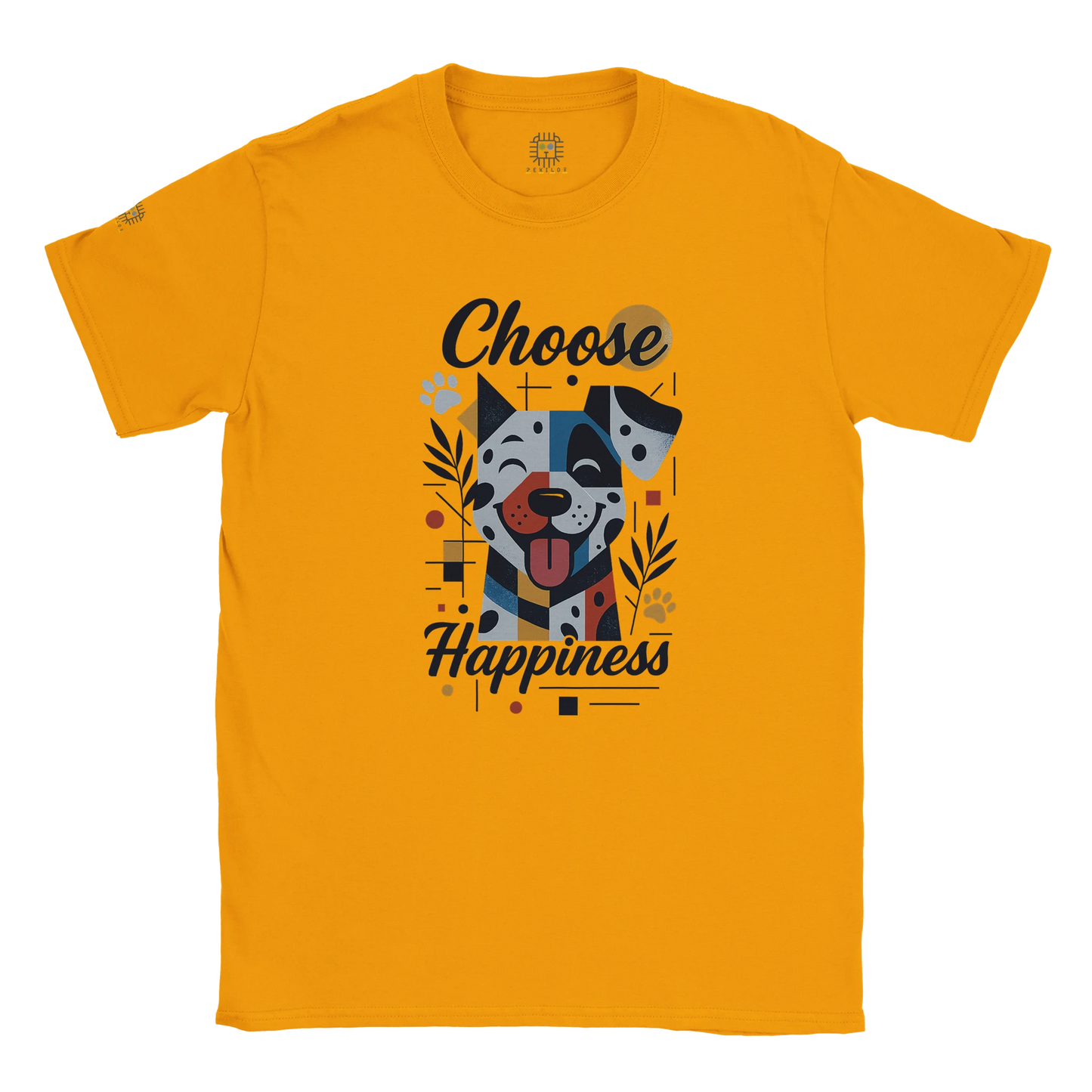 Yellow unisex T-shirt with colorful dog illustration and the slogan “Choose Happiness,” displayed flat.