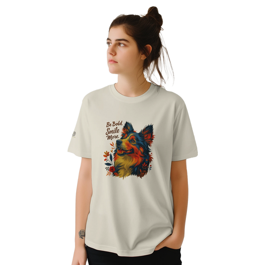 White T-shirt – White unisex artistic T-shirt featuring a vibrant multicolor dog portrait with flowers and the uplifting slogan “Be Bold, Smile More.” Inspirational graphic tee for everyday wear.