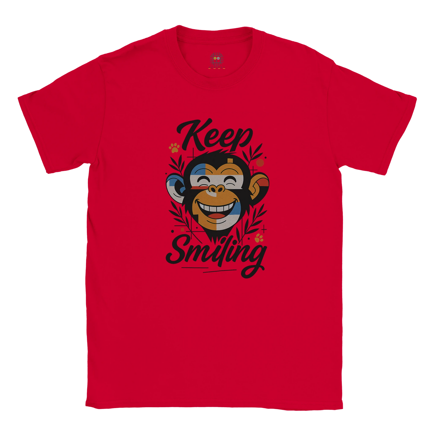 Red unisex T-shirt — front print: smiling monkey with Keep Smiling; flat lay.