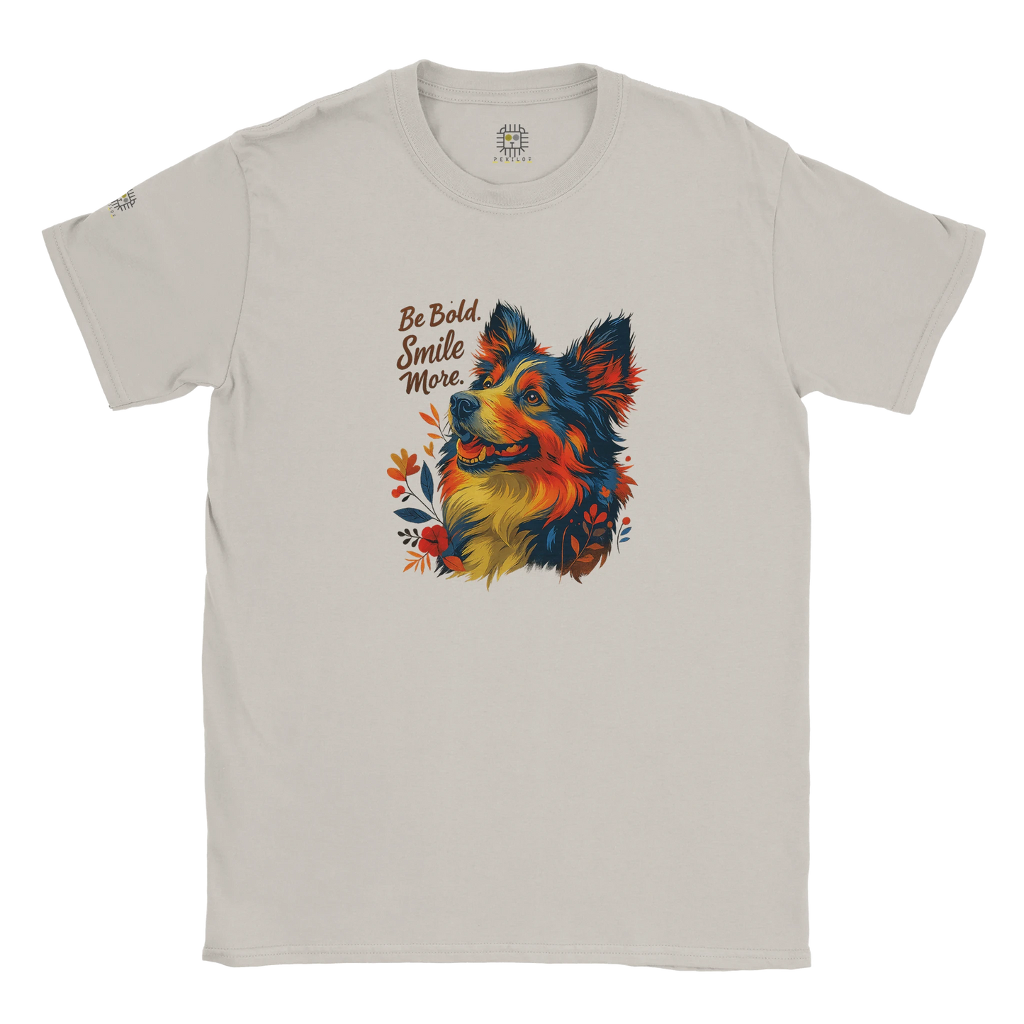 Gray T-shirt – Light gray unisex T-shirt decorated with a colorful dog illustration and the motivational slogan “Be Bold, Smile More.”
