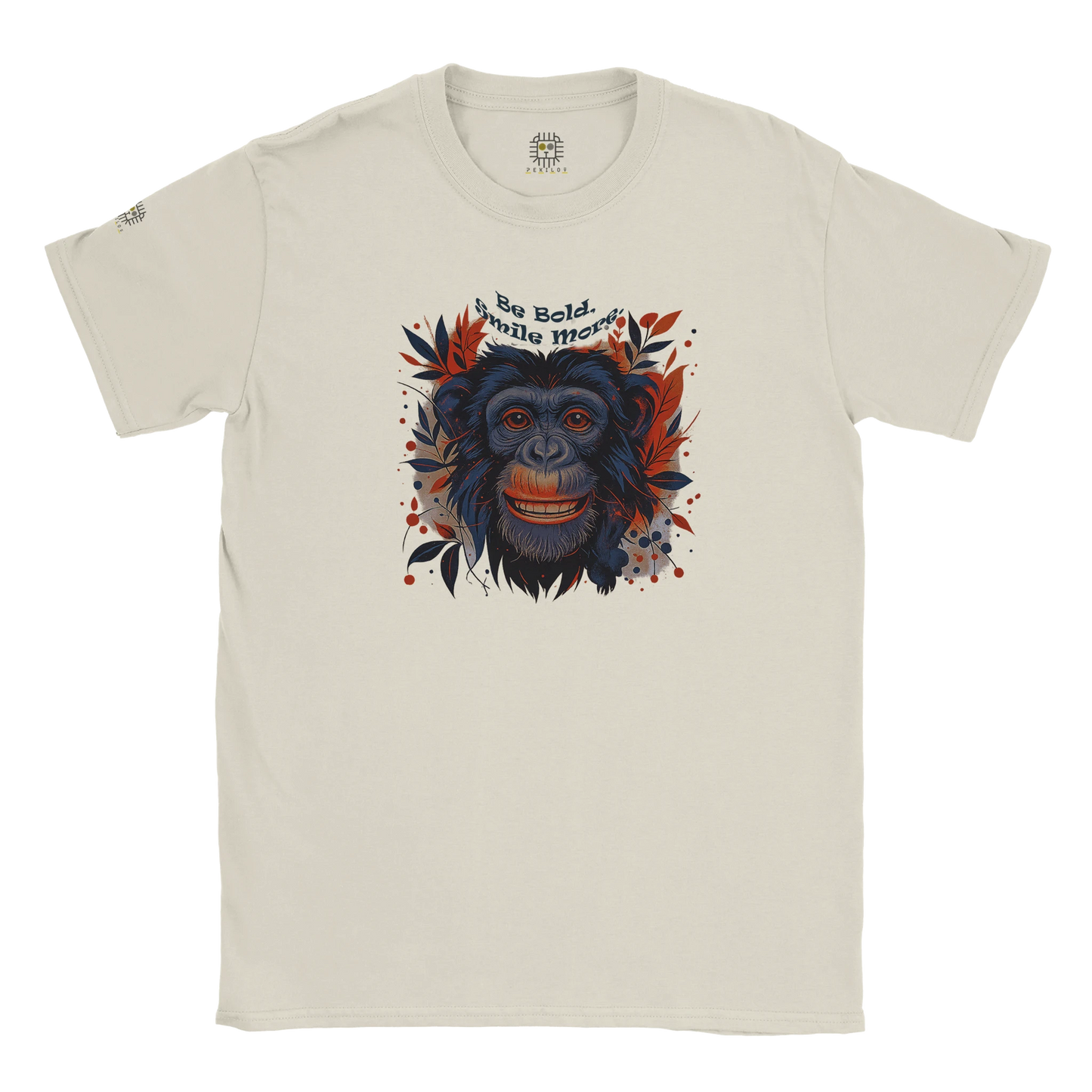 Beige unisex T-shirt with a chimpanzee illustration and slogan “Be Wild Stay Free,” displayed flat, second angle.