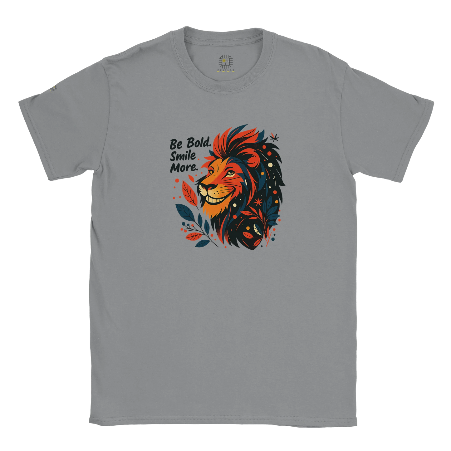 Grey unisex T-shirt with a lion illustration and slogan “Be Bold Stay Strong,” displayed flat.