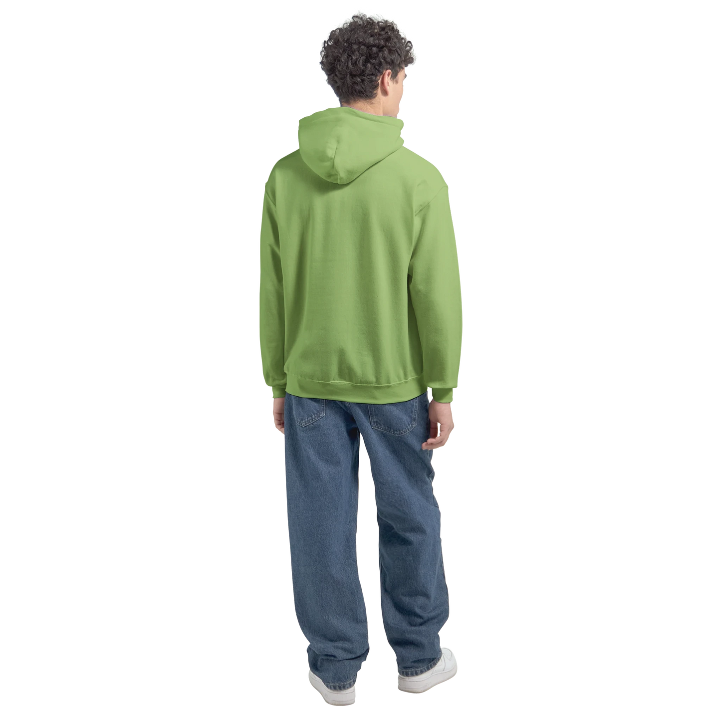 Male model back view — plain light green hoodie, no print.