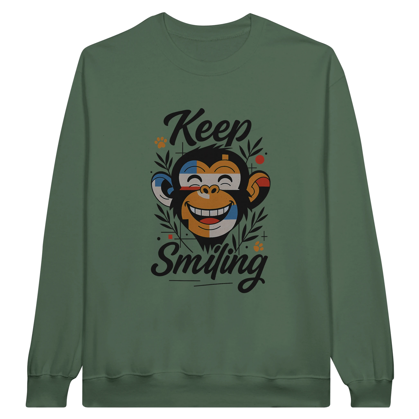 Front view — green sweatshirt with “Keep Smiling” monkey graphic design.