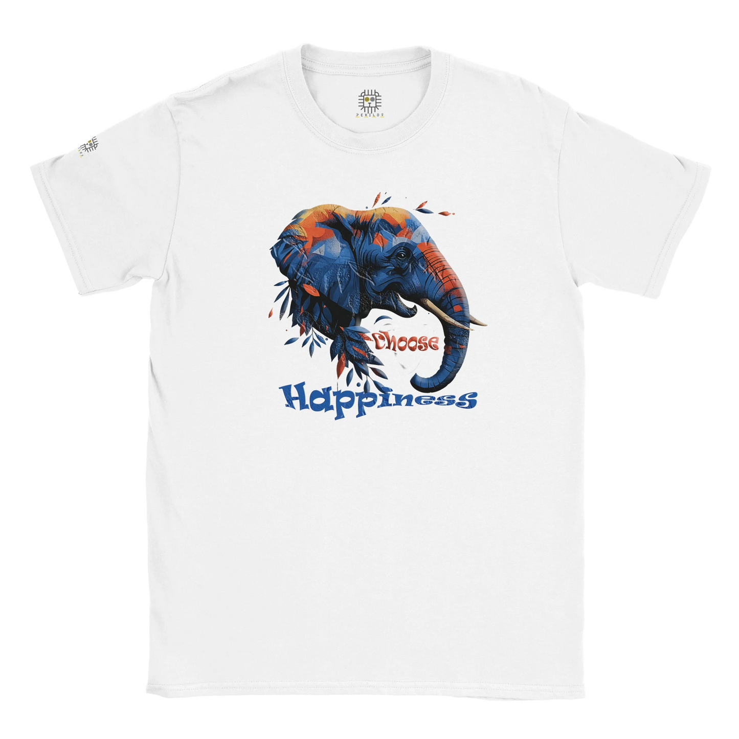 White unisex T-shirt with a colorful dog illustration and the slogan “Happiness is a Choice,” displayed flat.