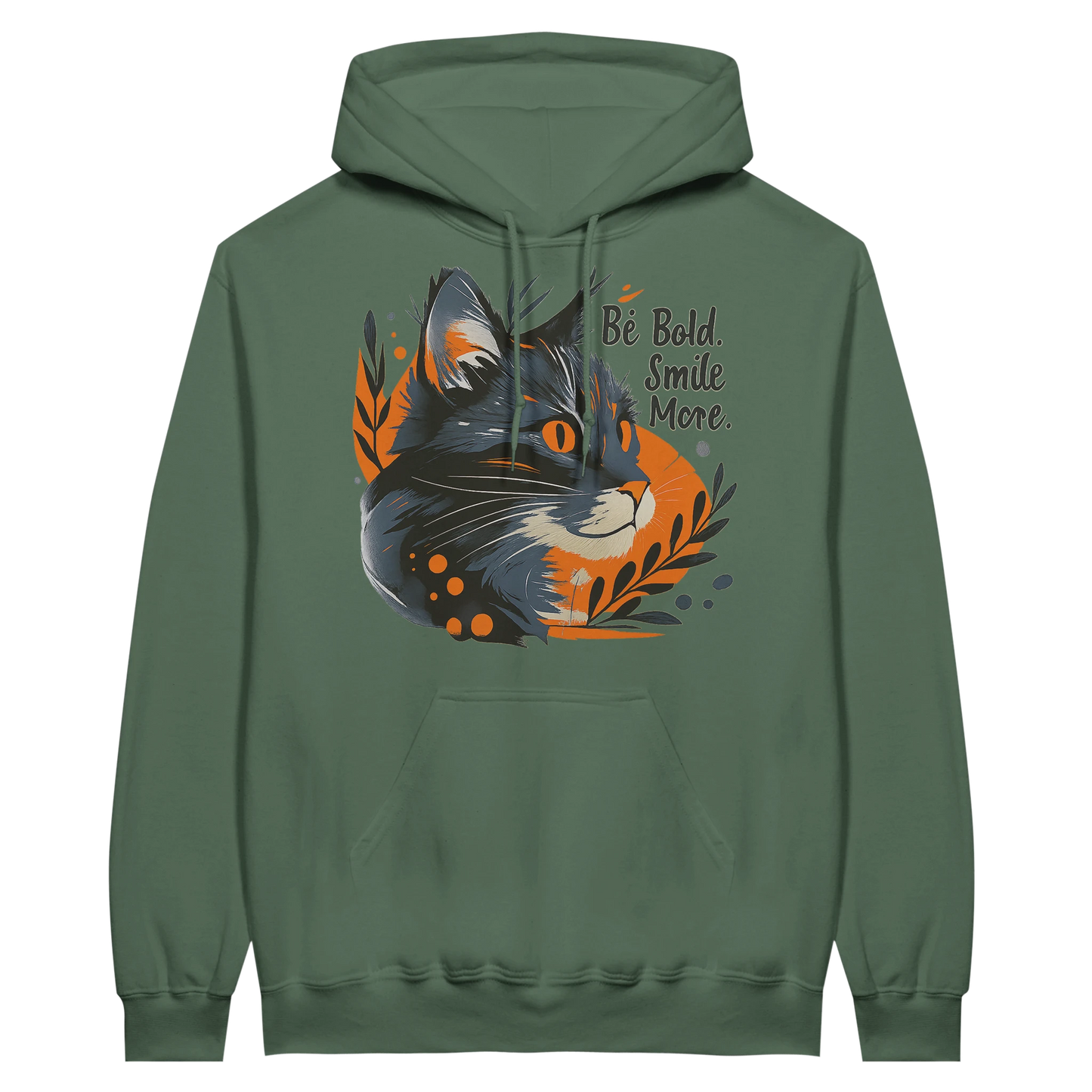Green midweight fleece adult hoodie with detailed cat design and cozy fleece material.