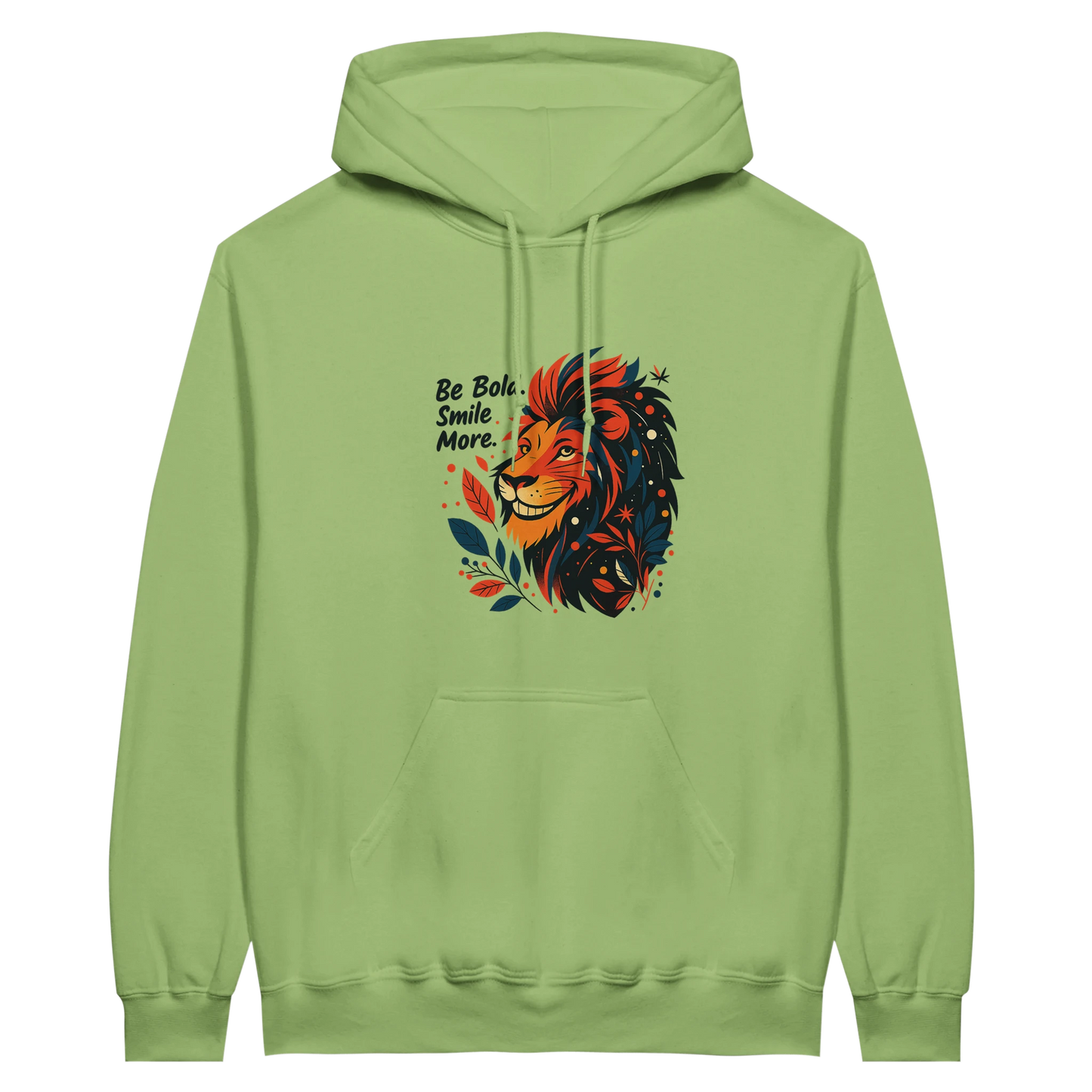 Olive green hoodie decorated with a colorful lion design and the same empowering phrase, blending casual comfort with bold style.