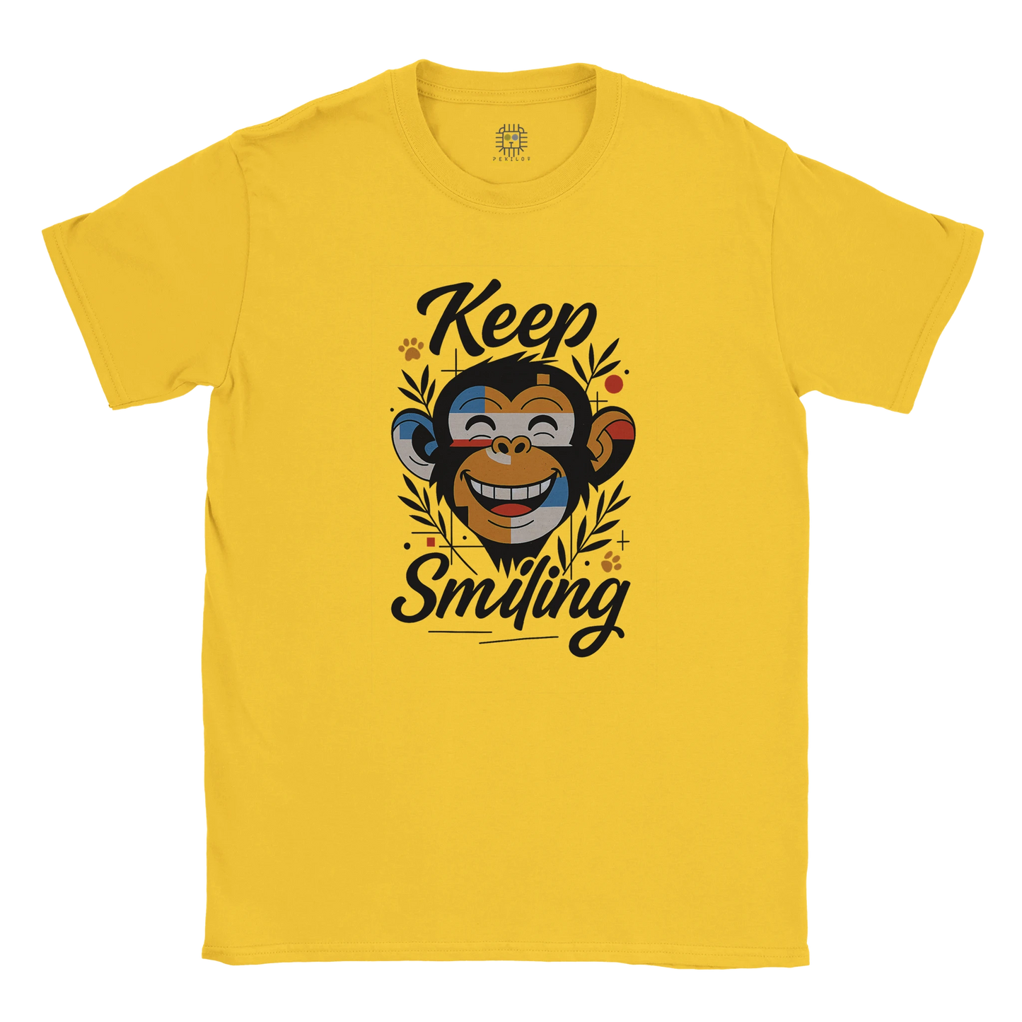 Yellow unisex T-shirt — front print: smiling monkey with Keep Smiling; flat lay.