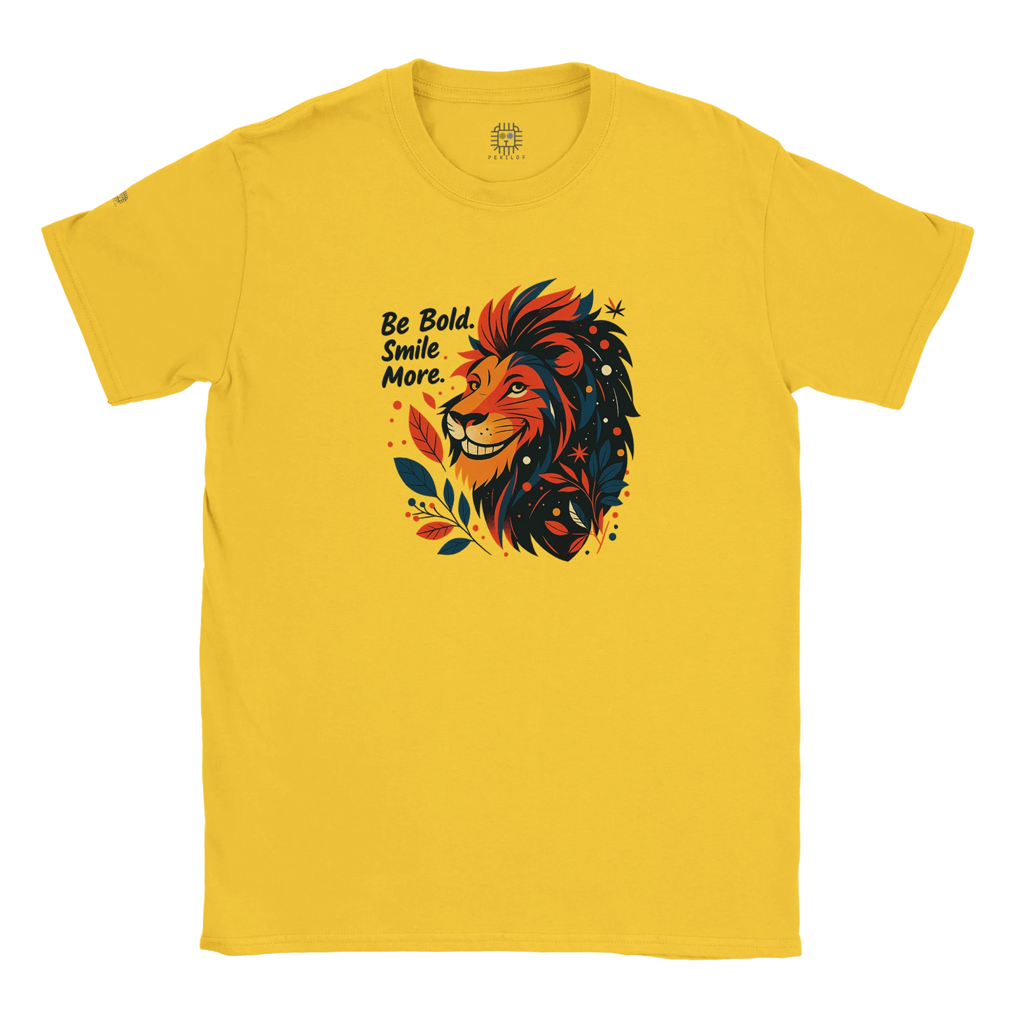 Yellow unisex T-shirt with a bold lion illustration and slogan “Be Bold Stay Strong,” displayed flat.