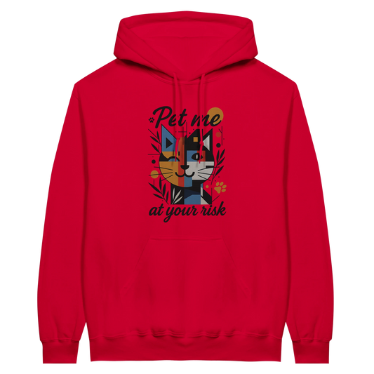 Front view — red hoodie with cat graphic and text “Pet me at your risk.”