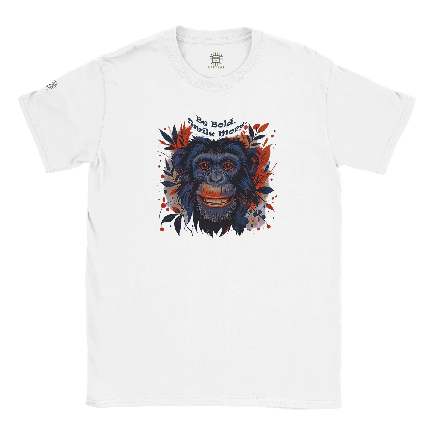 White unisex T-shirt with a chimpanzee illustration and slogan “Be Wild Stay Free,” displayed flat.